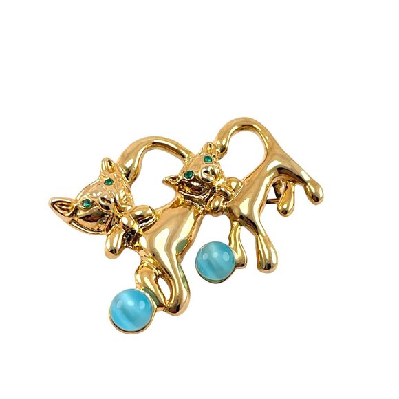 Vintage Gold Tone Cat Brooch With Turquoise Ball Two Cats Design - Picture 8 of 8